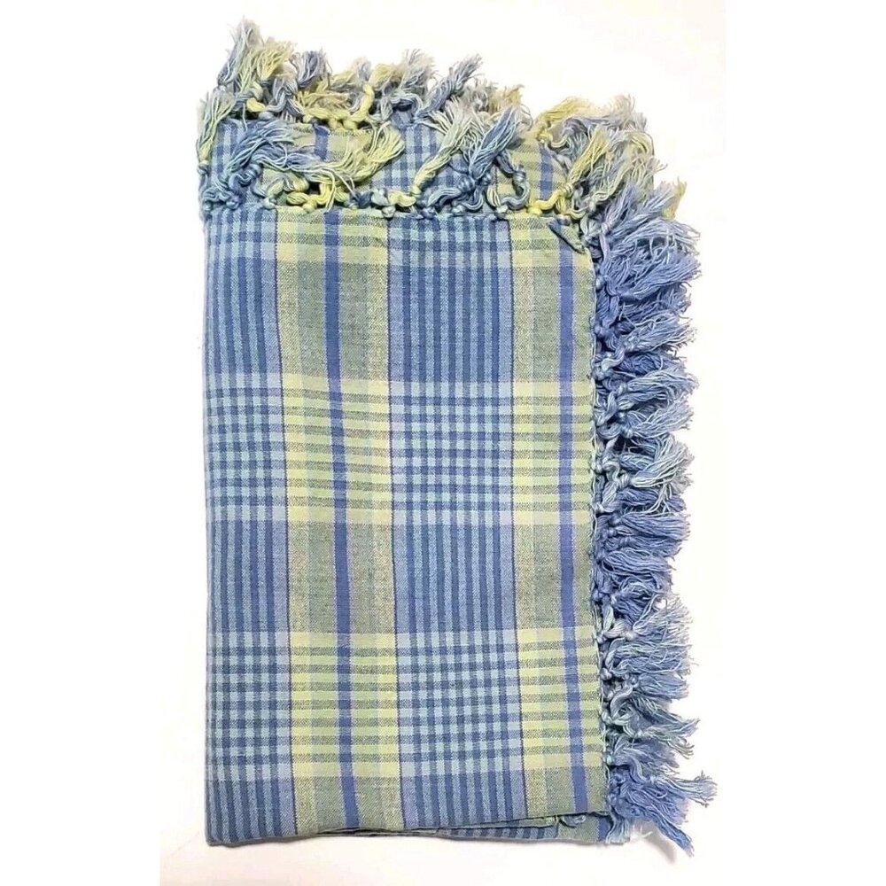 April Cornell 100% Cotton Blue & Green Plaid Tablecloth / Throw Essential 48x48